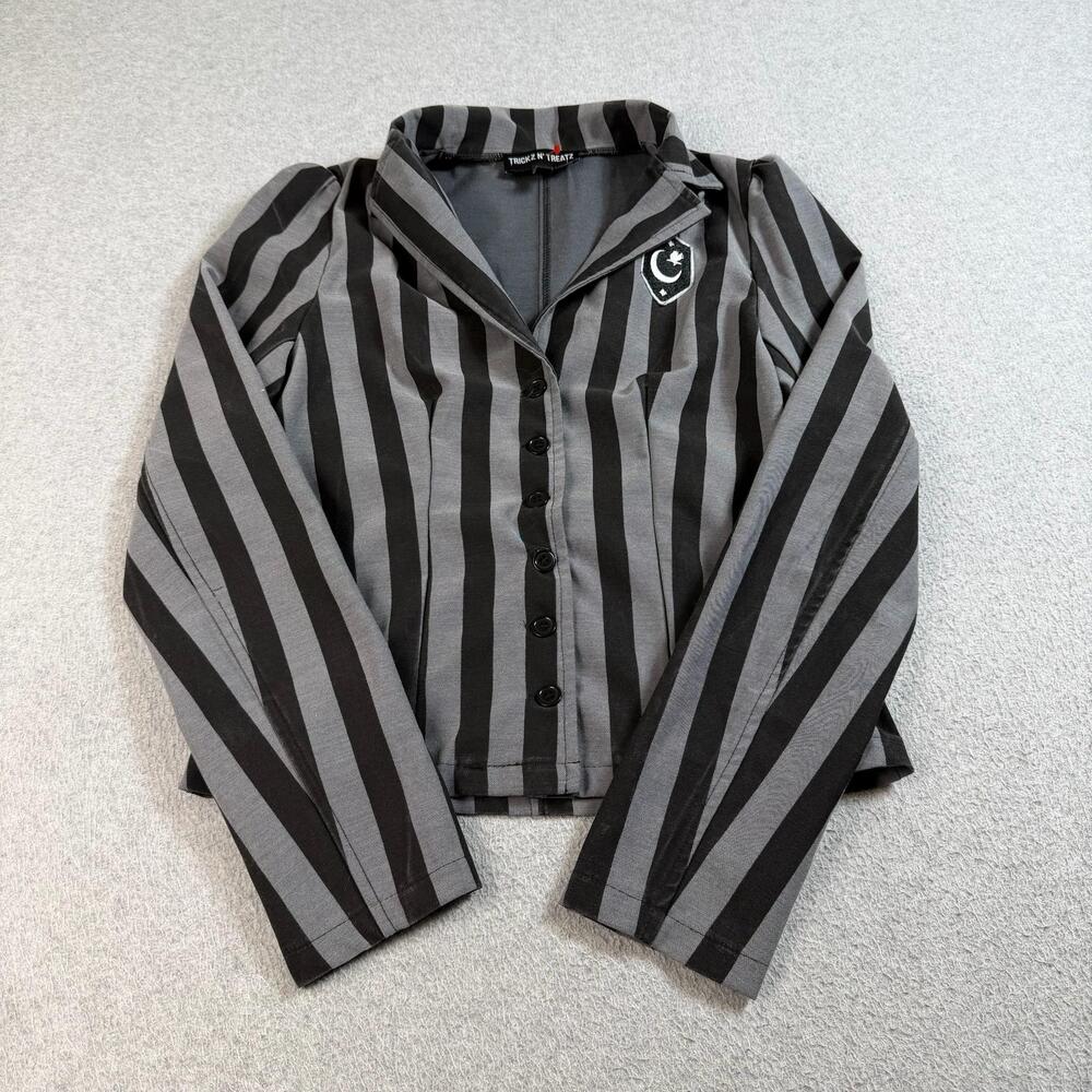 Dolls Kill Trickz N' Treatz Blazer Womens XS Black Gray Stripe Moon Patch Gothic
